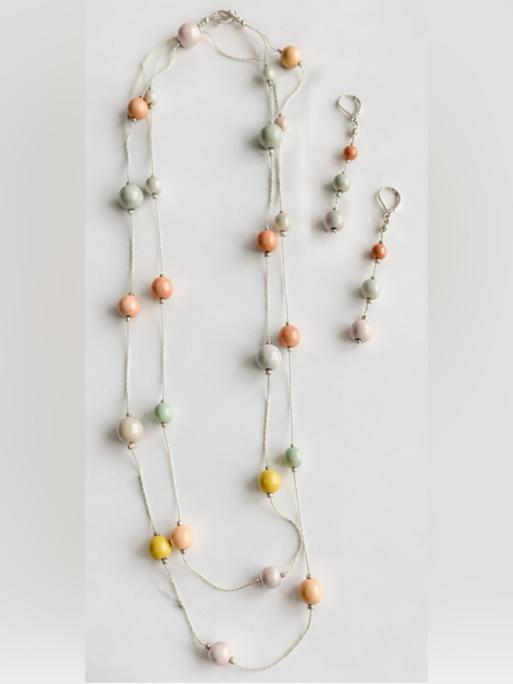 Pastel Multi-Bead Long Necklace and Earrings Set - Pastel Multi